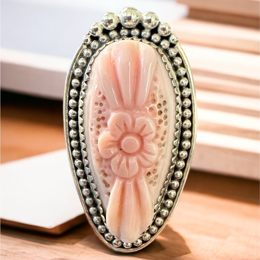 Native Pink Carved Flower Conch Ring in Sterling Silver